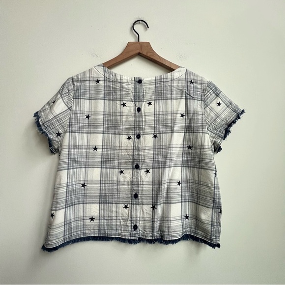Cloth & Stone Embroidered Stars Plaid Top Raw Hems Button Back Small Cottagecore - Picture 9 of 11